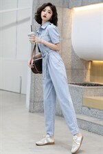 2021夏装新款时尚个性气质翻领修身显瘦牛仔连体裤，女装连体裤，奋斗女王