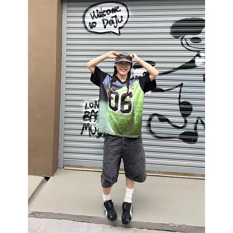 青少年美式复古街头球衣短袖t恤男女潮牌V领印花宽松运动休闲上衣,男装T恤,星座506A