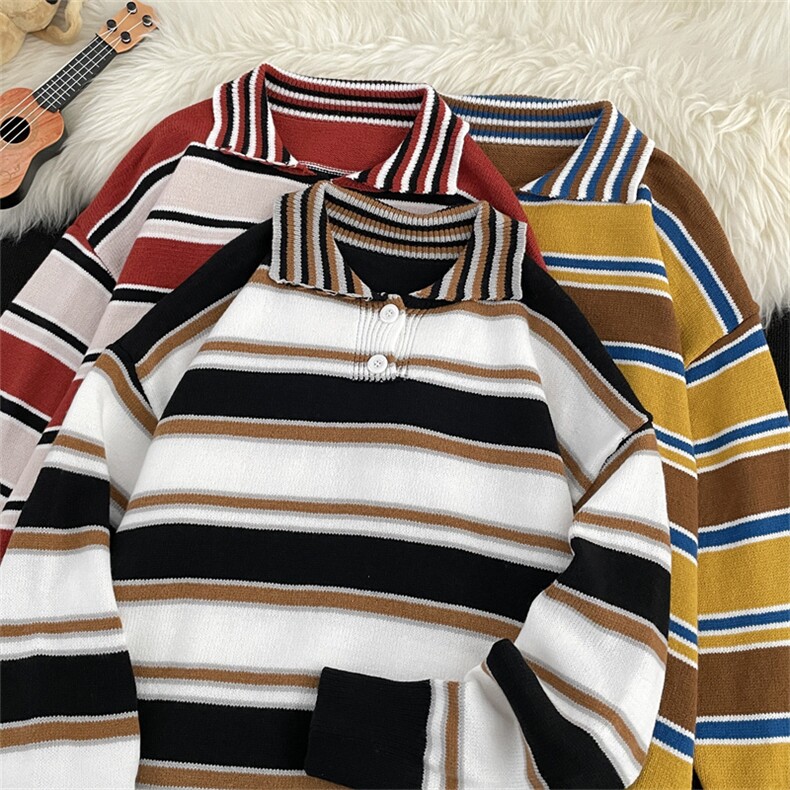 港风秋款POLO领毛衣条纹拼色针织衫宽松外套M5686P58，男装针织衫/毛衣，星座1013-1