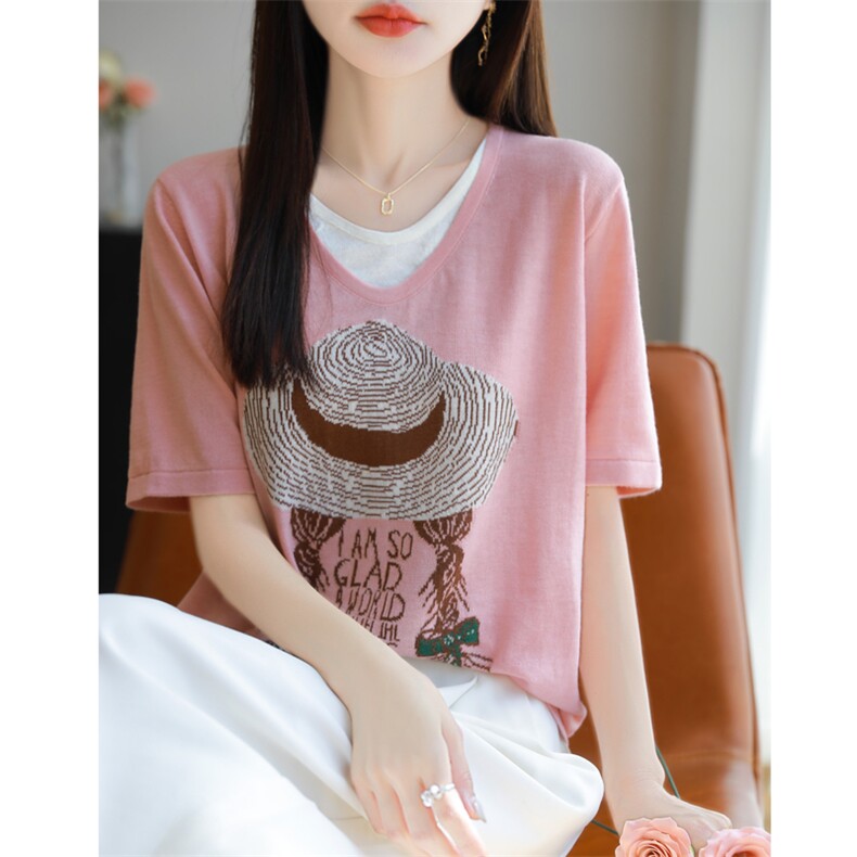 2025夏季新款V领天丝假两件针织短袖女宽松显瘦百搭T恤上衣打底衫，女装T恤，源达羊绒