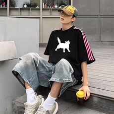 抖音得物品质二开240克宽松纯棉美式潮牌印花三条杠中性风短袖T恤，男装T恤，电商A486-1