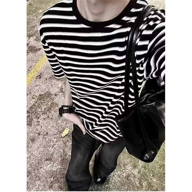 黑白条纹重磅短袖男潮牌潮流百搭小众宽松舒适t恤半袖TY88,男装T恤,星座1116A（原606A-3）