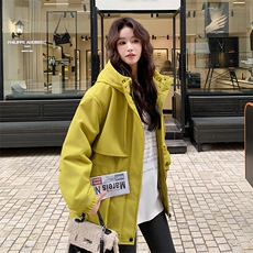 黄色连帽冲锋衣派克棉服女冬巨好看加绒加厚工装羽绒棉衣棉袄外套，女装短外套，2C129