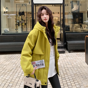 黄色连帽冲锋衣派克棉服女冬巨好看加绒加厚工装羽绒棉衣棉袄外套图片