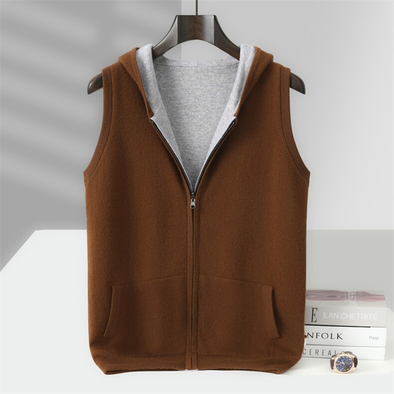 2025年秋季加厚带兜无袖帽衫马甲时尚百搭，男装背心/马甲，忠诺羊绒