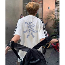 抖音得物高品质二开240克宽松纯棉美式潮牌三条杠织带短袖T恤，男装T恤，电商A486-1