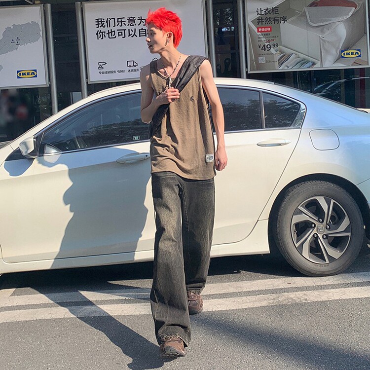 美式复古扎染cleanfit做旧破坏猫须百搭阔腿牛仔裤男女慵懒秋冬,男装牛仔裤,星座218-8