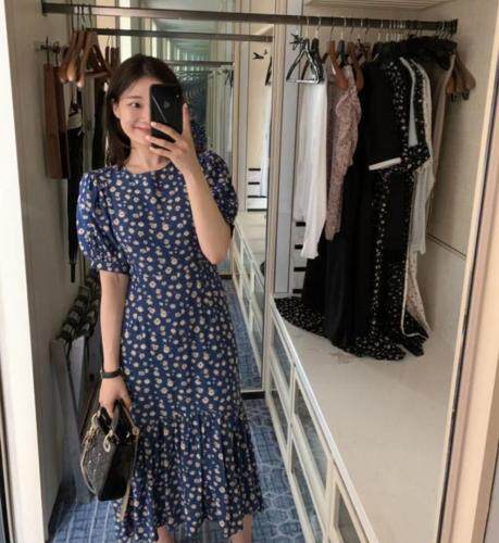 夏季新款： 不规则裙摆碎花连衣裙,女装连衣裙,新芬子