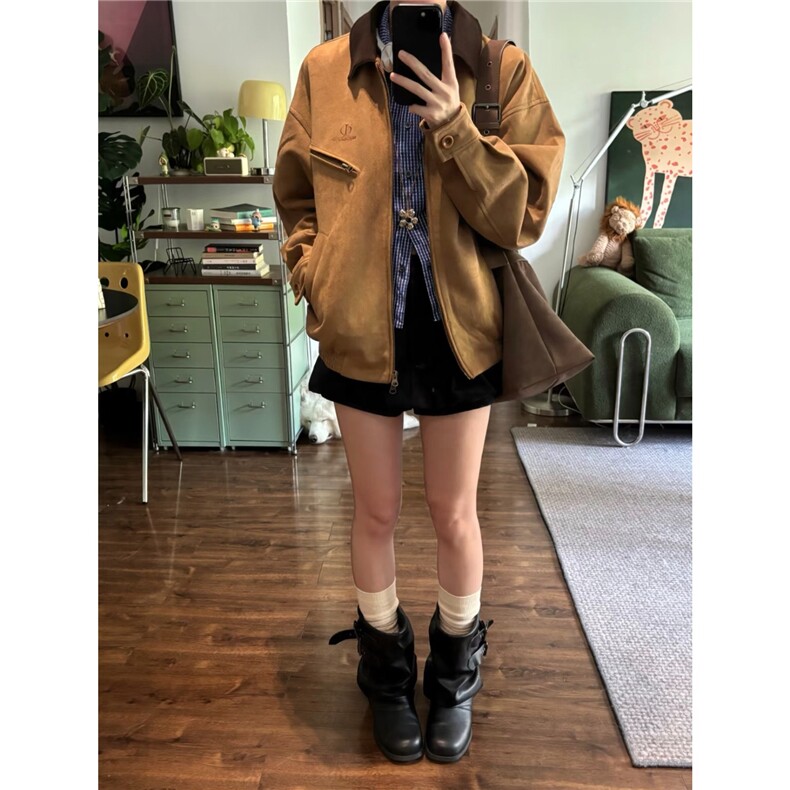 棕色麂皮绒撞色翻领夹克外套女短款春秋美式复古酷飒风宽松机车服,男装夹克,星座506A