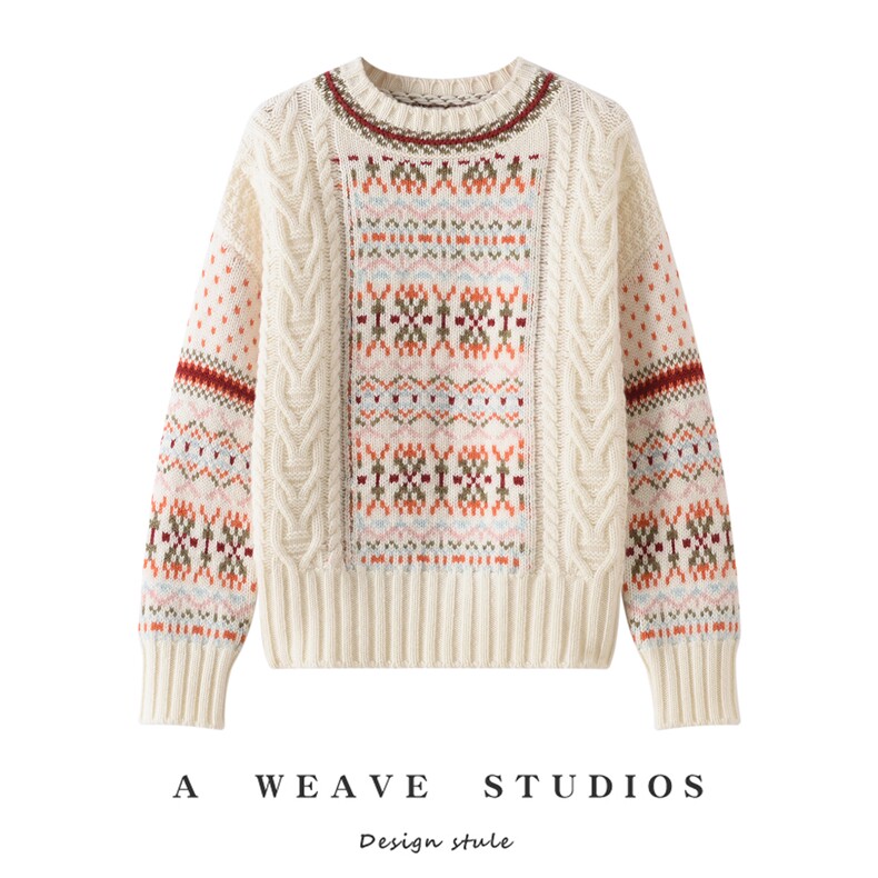 528克~慵懒风费尔岛提花100%山羊绒衫2025秋冬圆领加厚毛衣针织衫，女装针织衫/毛衣，戎魅羊绒