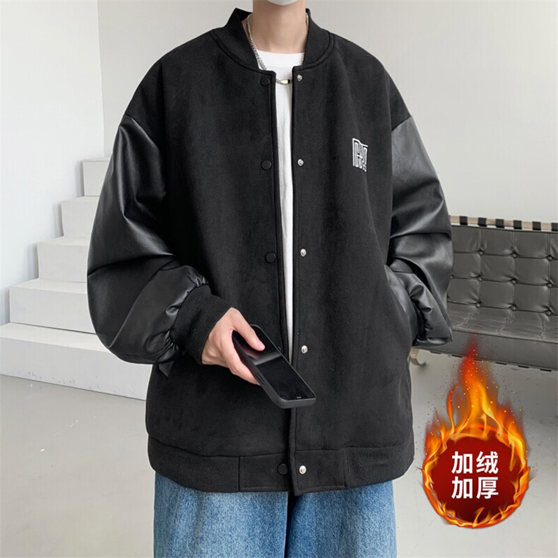 ！男士鹿皮绒夹克PU皮拼接棒球服外套JK191P85加棉P100控138图片