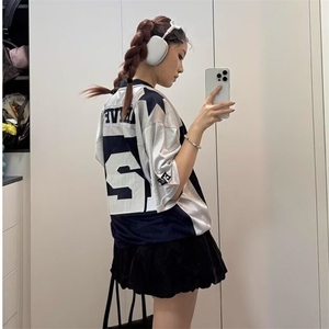 美式运动球衣短袖T恤男夏季潮牌宽松设计感小众情侣百搭撞色上衣图片