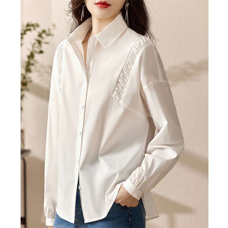 气质翻领缩褶白色衬衫女简约长袖宽松显瘦衬衣,女装衬衫,美吧服饰