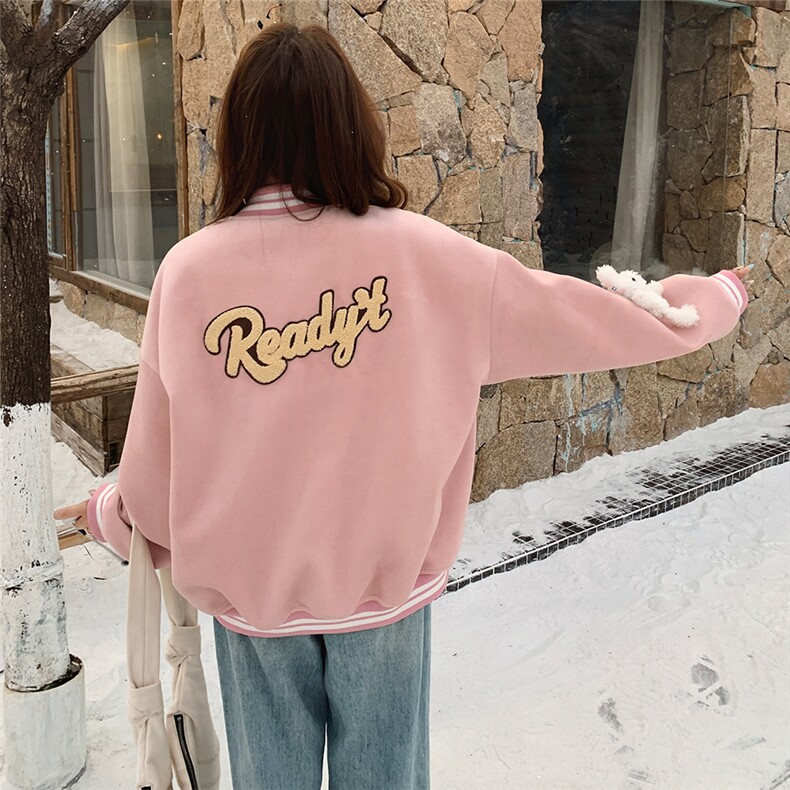 雪景甜美粉色毛呢棒球服（玩偶可拆卸）,女装毛呢外套,天使之佳话