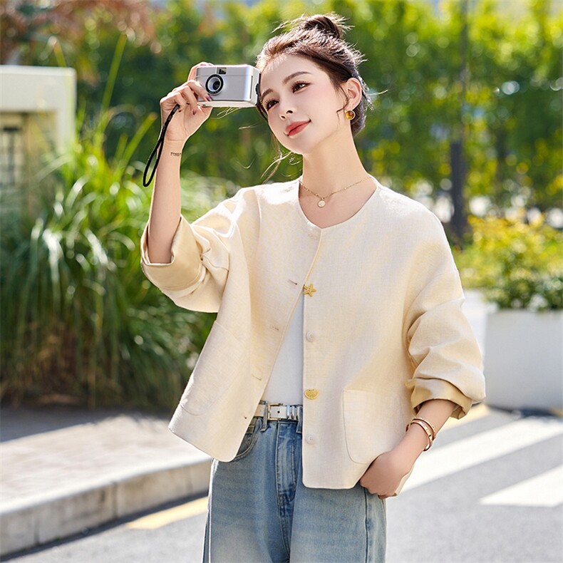 2025春季新款新中式复古棉麻料高级感小香风薄款紫色短款小外套女,女装短外套,蓝诺裳