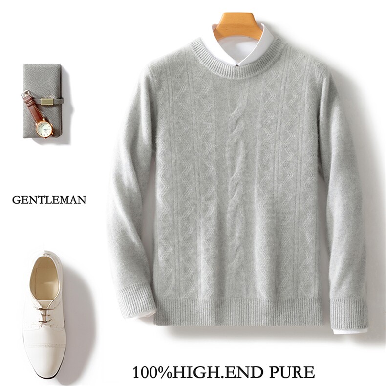 冬季100%纯羊毛衫男士半高领加厚毛衣宽松扭花保暖打底针织羊绒衫，男装羊毛衫，邓利维