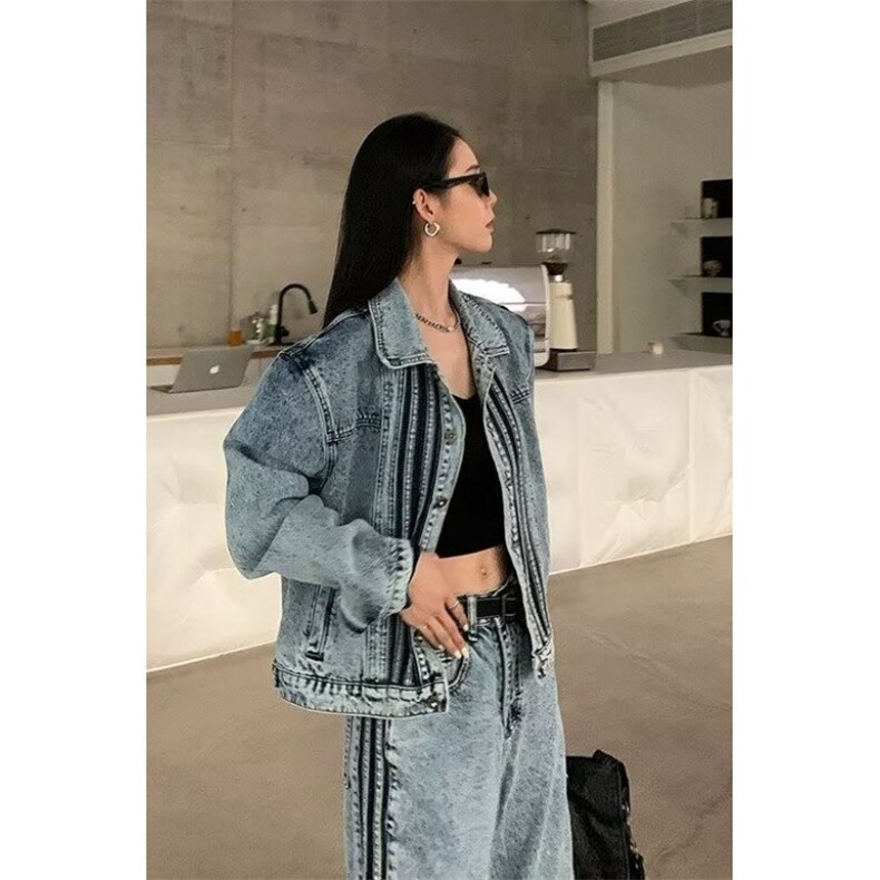 美式复古三条杠牛仔外套男女夹克短款小众设计感休闲百搭宽松外套,男装工装外套,星座218-1（原230）