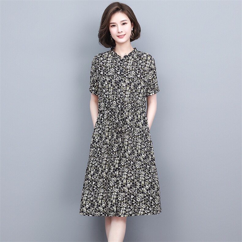 2023夏季新款时尚气质收腰显瘦休闲舒适花色连衣裙,女装连衣裙,独衣靓