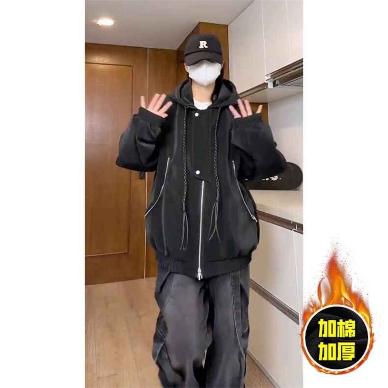 现货高品质美式高街重磅座山雕连帽pu皮棉衣男女加厚毛毛绒冬外套，男装皮衣，电商A443