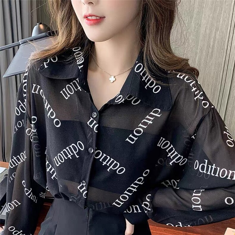 港风英文字母黑色透明衬衣性感防晒衬衫女透肉短款网纱超薄纱上衣,女装衬衫,潮品会