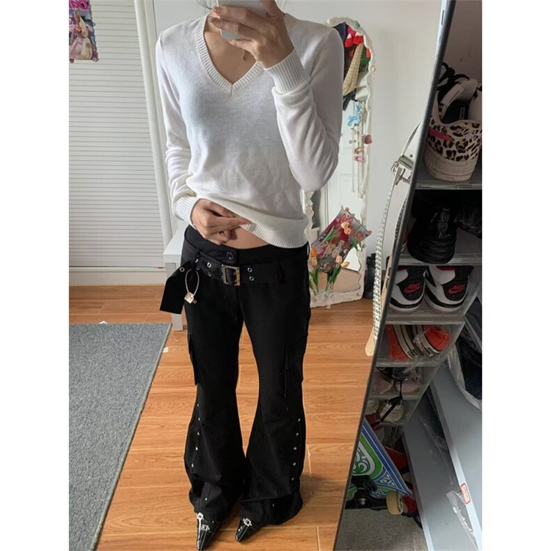 美式复古铆钉装饰直筒微喇叭休闲裤女拖地牛仔裤K71316-P52网络图,男装牛仔裤,电商B245