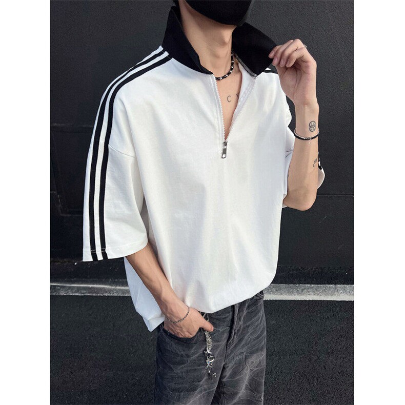 得物300克重磅纯棉宽松撞色打底短袖拉链POLO衫T恤男RH5033-特P40,男装T恤,星座610B-1