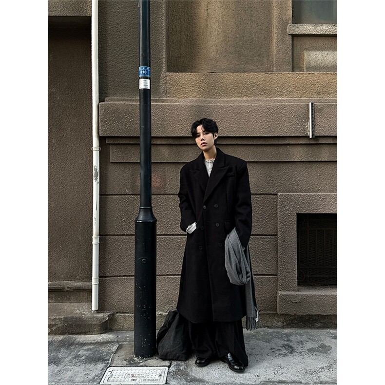 现货~戗驳领收腰垫肩毛呢大衣过膝长款风衣外套Y961-P125，男装风衣，星座1004-3