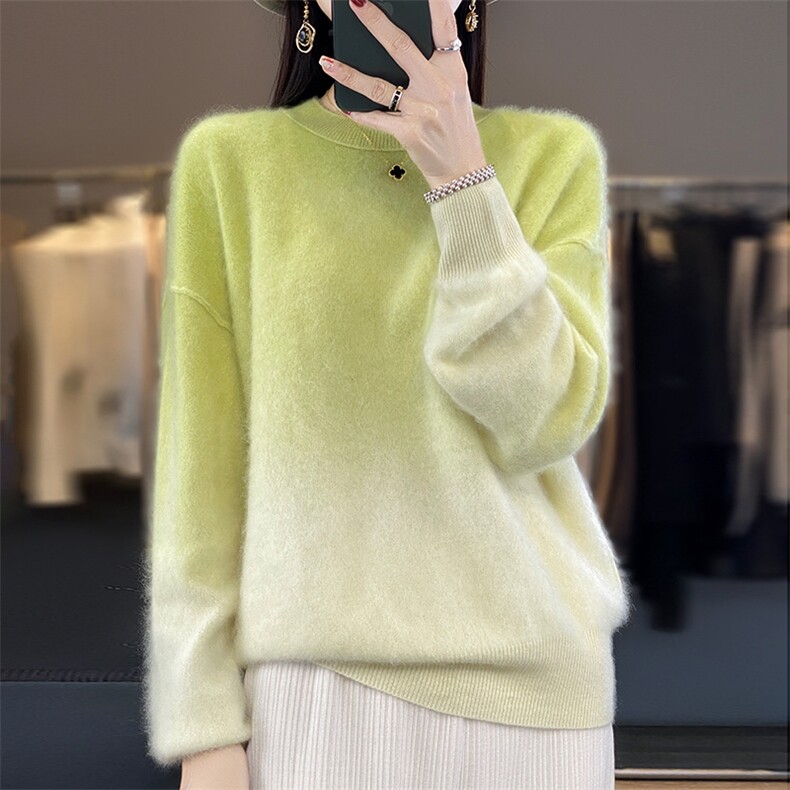 时尚渐变色高级感纯山羊绒衫宽松拉绒长毛绒毛衣秋冬女打底针织衫,女装羊绒衫,臻维羊绒