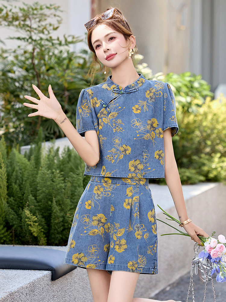 牛仔短裤套装女2025夏新款超火高级感新中式国风独特漂亮精致穿搭,女装套装/套裙,韩宇舍
