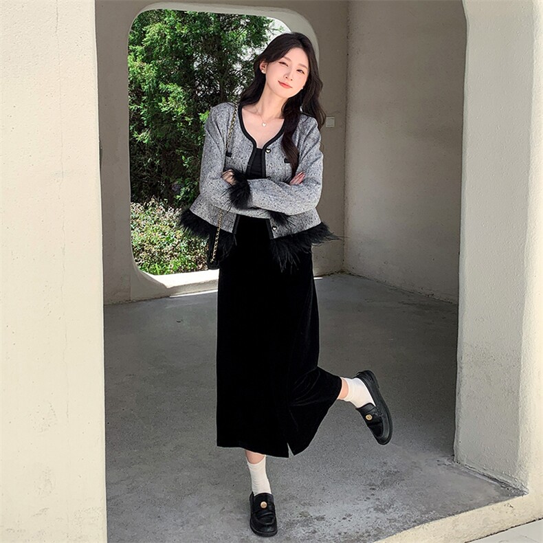 小香风穿搭黑色丝绒连衣裙叠穿外套女春秋超火好看高级感长裙套装,女装套装/套裙,2C291