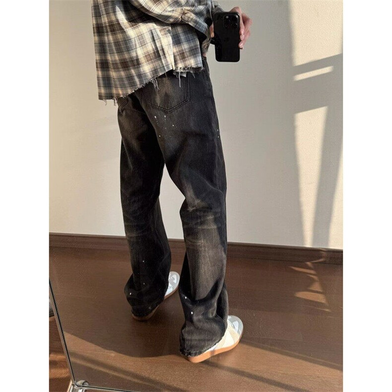 美式复古水洗做旧泼墨宽松直筒牛仔裤男女休闲百搭长裤潮,男装牛仔裤,星座506