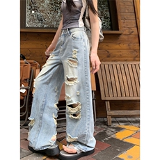 做旧破洞牛仔裤大码女夏季2025新款宽松显瘦直筒阔腿长裤NZT804，男装牛仔裤，星座516A