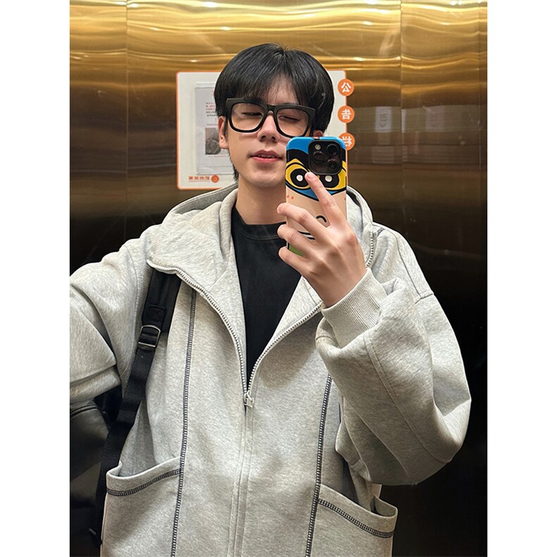 抖音得物高品质秋冬美式高街重磅结构辑明线纹理连帽卫衣外套W111,男装卫衣,电商A486