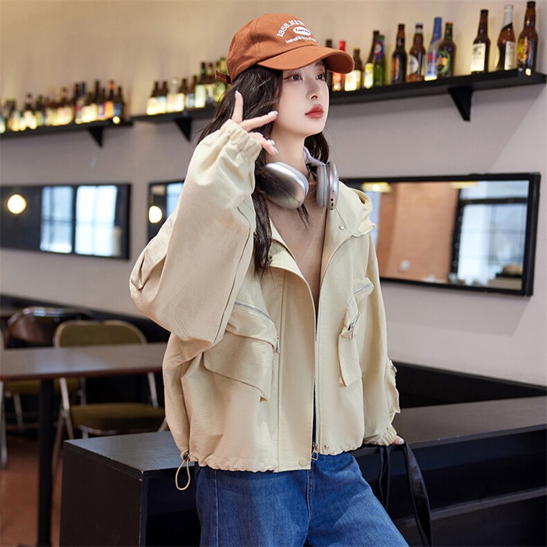 现货2024春装新款甜酷工装短外套休闲连帽百搭上衣,女装短外套,深水步