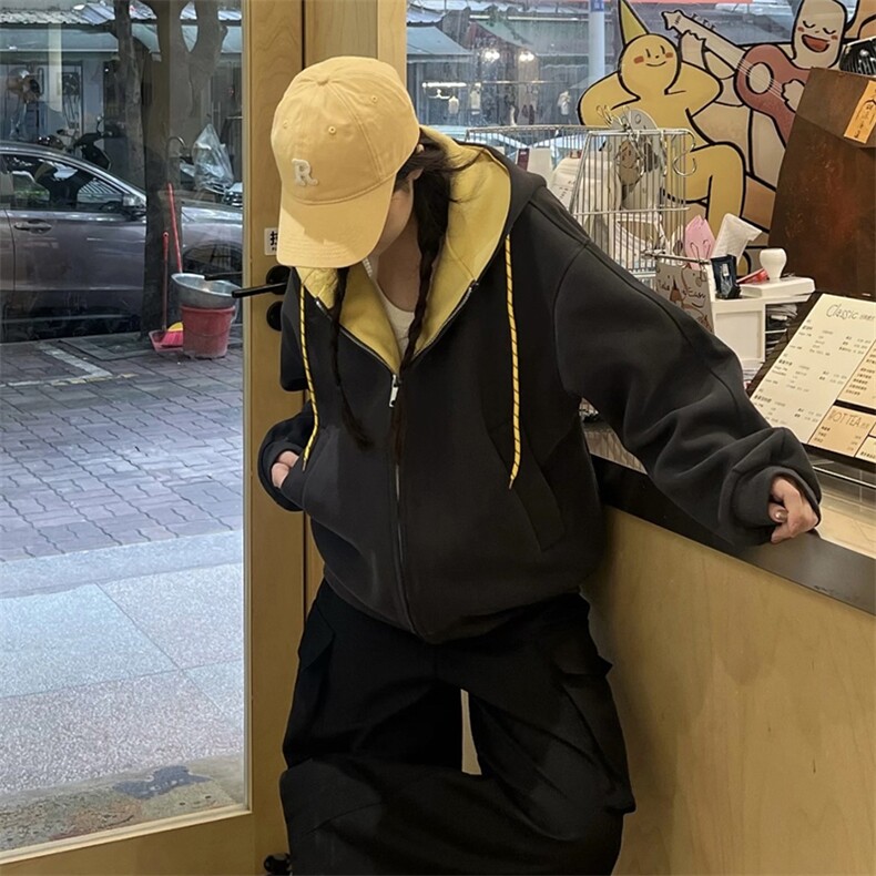 抖音得物二开美式高街重磅结构双层撞色连帽卫衣开衫外套W116,男装卫衣,电商A486