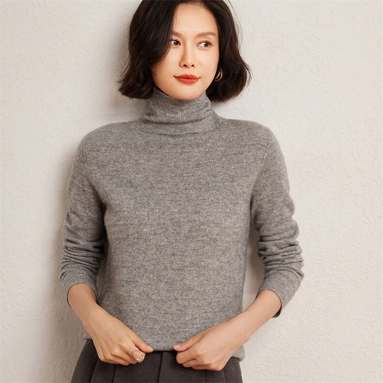 秋冬季35%羊绒65%羊毛休闲百搭12针横线堆堆领羊绒衫,女装羊绒衫,广悦羊绒