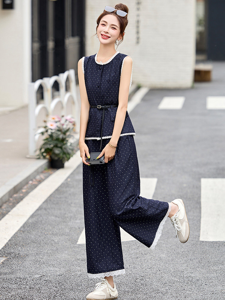 蕾丝花边拼接波点套装裤女2025夏季新款无袖马甲背心阔腿裤两件套,女装套装/套裙,沁沁公主