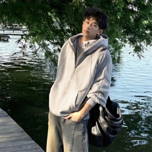 抖音得物二开 美式重磅宽松结构拉链设计防风高领连帽卫衣外套W76图片