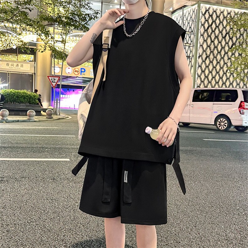 短袖男夏季套装2026新款运动坎肩飘带无袖t恤男A436-D229-P65,男装T恤,电商A436