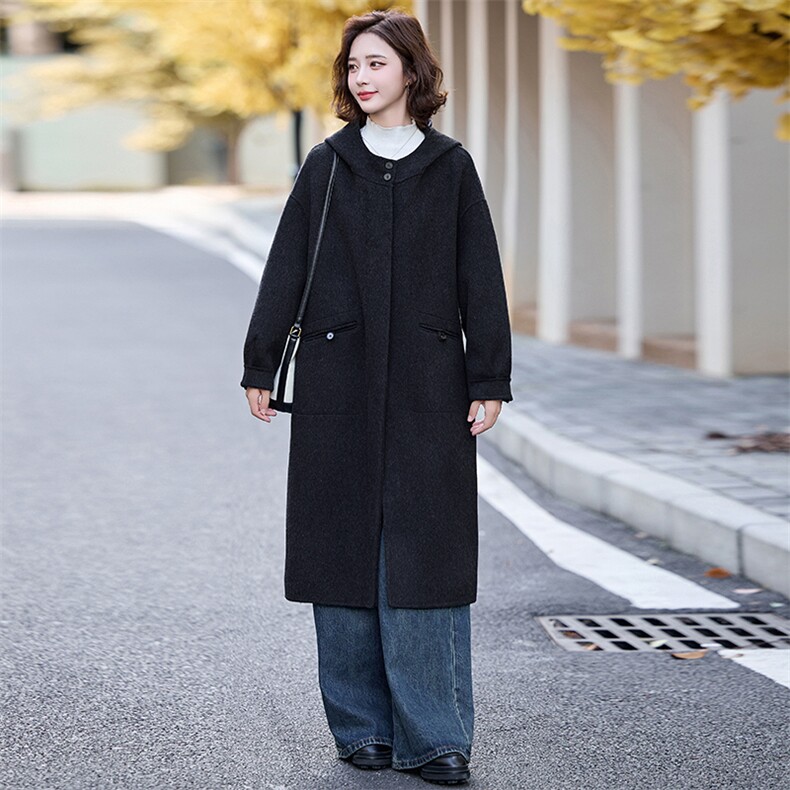 黑色高级感斗篷双面羊毛大衣女2024秋冬新款休闲宽松连帽毛呢外套,女装毛呢外套,丝露依尚（原SL）
