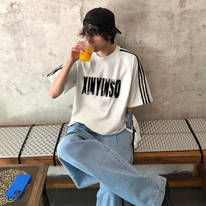 抖音得物高品质二开240克宽松纯棉美式潮牌三条杠织带短袖T恤图片
