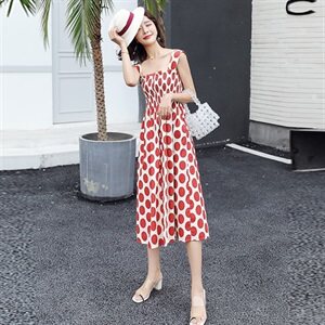 现货2022夏新款时尚吊带裙大波点休闲修身显瘦中长款小众连衣裙图片