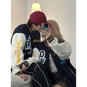 潮美式字母植绒刺绣棒球服男女加厚潮牌痞帅情侣装pu皮夹克外套图片