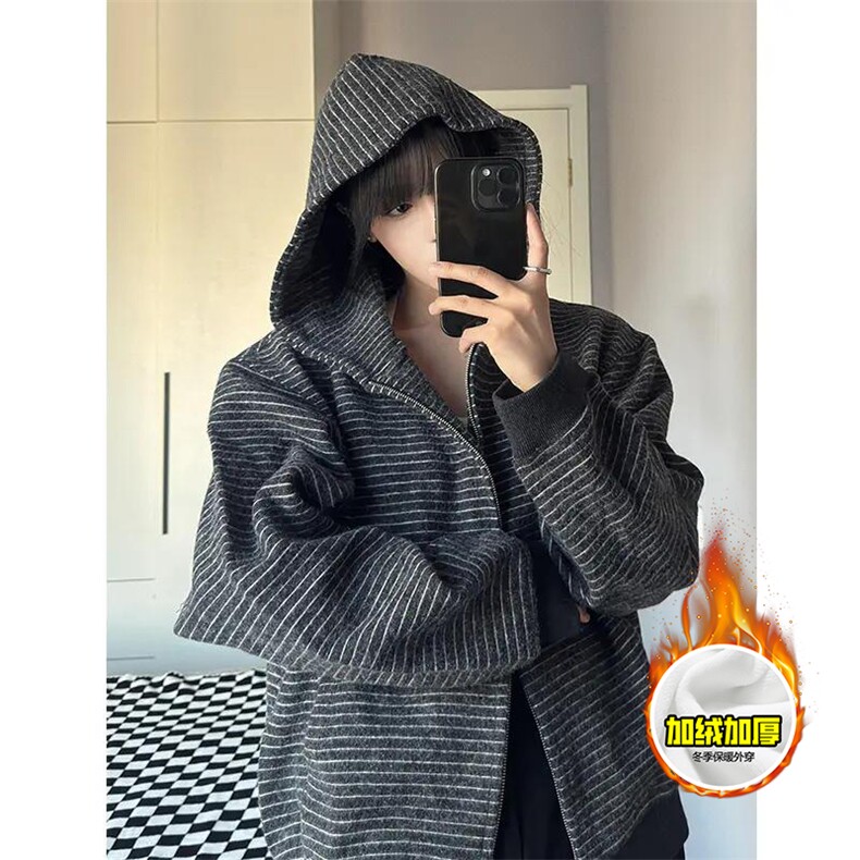 480G重磅加绒硬挺boxy男女秋冬美式高街条纹毛呢卫衣开衫厚外套,女装短外套,电商A486