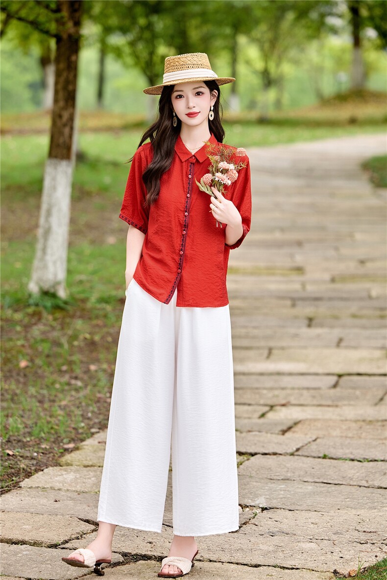 时尚洋气刺绣棉麻套装女2026夏季新款宽松遮肉显瘦阔腿裤两件套,女装套装/套裙,魅影