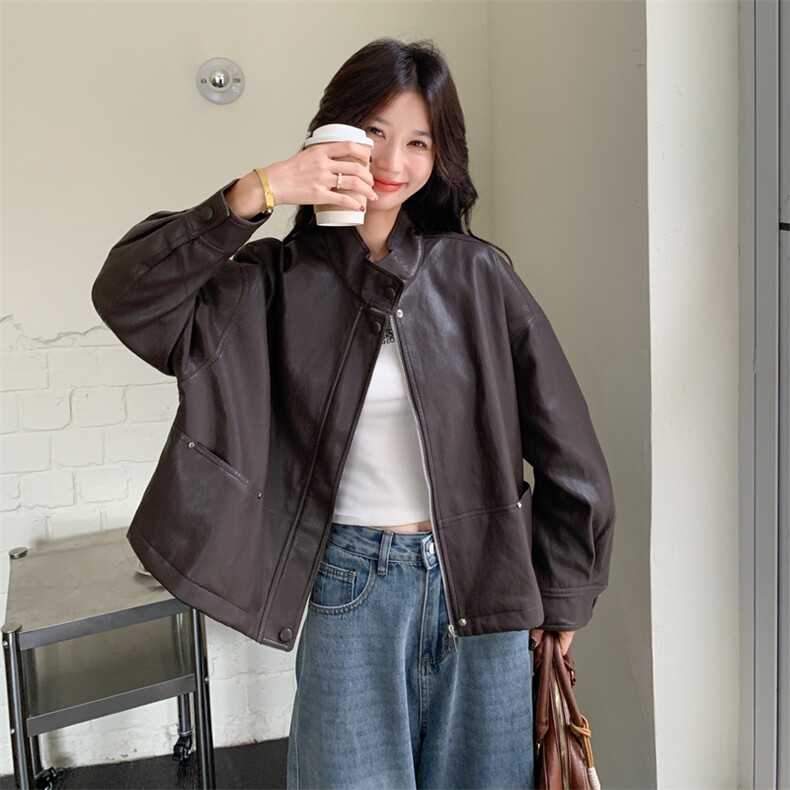 棕色抽绳立领皮衣外套女2025秋新款酷盐系复古宽松小个子百搭夹克,女装皮衣,2C283