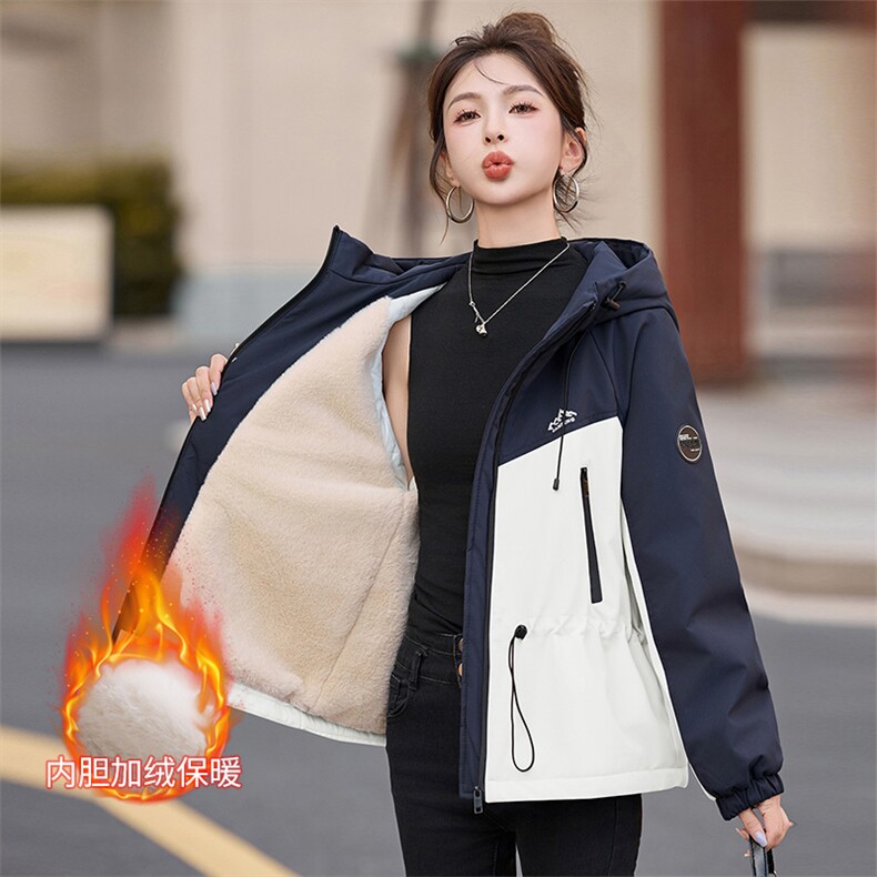 加绒外套女2025秋冬新款巨好看的韩系休闲百搭短款宽松撞色冲锋衣,女装棉衣/棉服,以桐