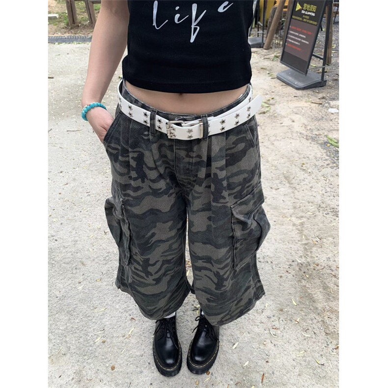 夏季美式口袋阔腿迷彩工装短裤男女新款宽松休闲七分裤B33099-p52图片