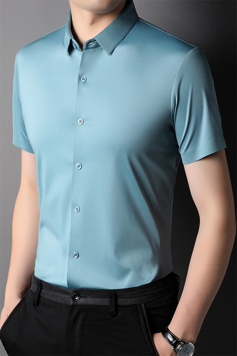 短袖衬衫男翻领纯色上衣服夏季中年男士商务休闲弹力半袖衬衣百搭,男装衬衫,电商B212（原钱塘6029）
