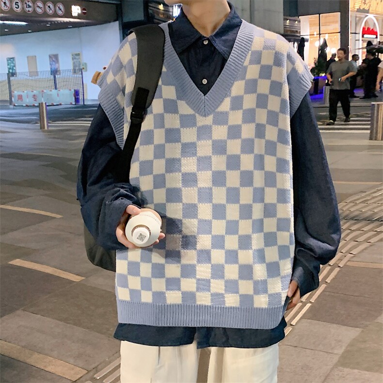 ！2023秋冬新款男士格子毛衣背心简约潮流无袖针织衫MX02P60,男装背心/马甲,电商B220